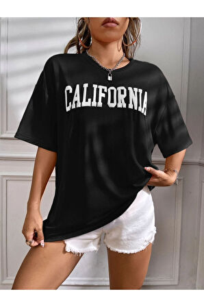 Unisex Siyah California Baskılı Oversize Tshirt