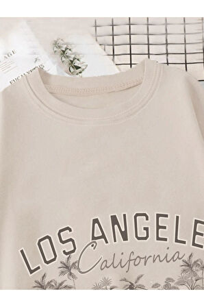 Unisex Bej Los Angeles Baskılı Oversize T-shirt