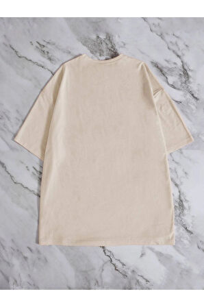 Unisex Bej Los Angeles Baskılı Oversize T-shirt