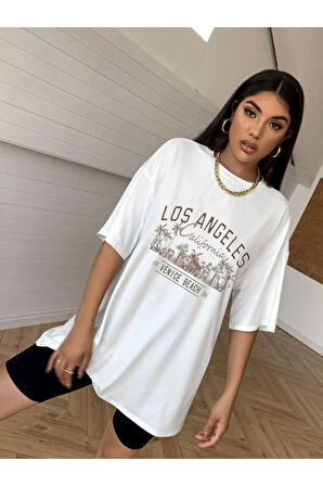Unisex Beyaz Los Angeles Baskılı Oversize T-shirt
