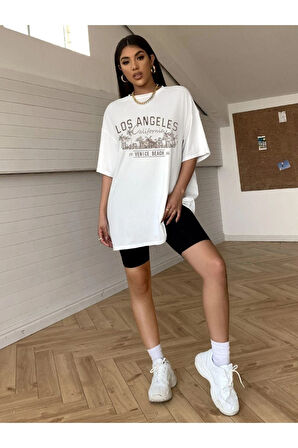 Unisex Beyaz Los Angeles Baskılı Oversize T-shirt