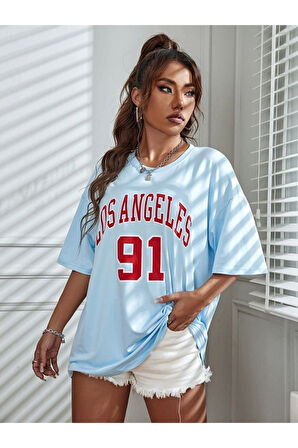 Unisex Los Angeles 91 Baskılı Oversize T-shirt