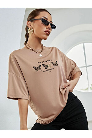 Unisex Kelebek Baskılı Oversize T-shirt