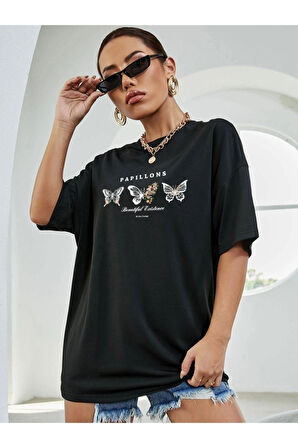 Unisex Kelebek Baskılı Oversize T-shirt