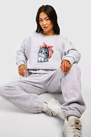 Lunavısta Unisex Sevimli Minik Kedi Baskılı Bisiklet Yaka Alt-üst Takım