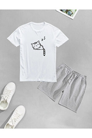 Orcanavm Unisex Kedi Baskılı Şort-t-shirt Takımı