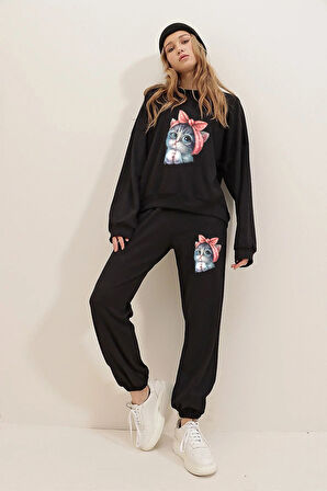 Lunavısta Unisex Sevimli Minik Kedi Baskılı Bisiklet Yaka Alt-üst Takım