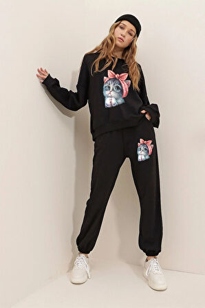 Lunavısta Unisex Sevimli Minik Kedi Baskılı Bisiklet Yaka Alt-üst Takım