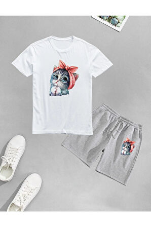 LUNAVISTA Unisex Sevimli Minik Kedi Baskılı Şort-T-shirt takımı