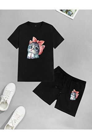 LUNAVISTA Unisex Sevimli Minik Kedi Baskılı Şort-T-shirt takımı