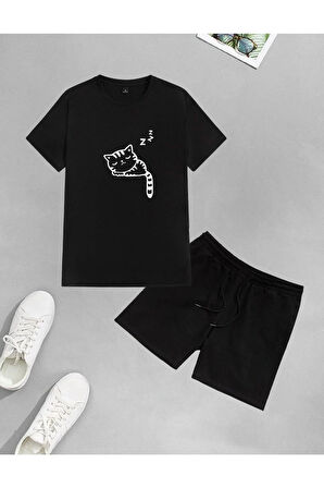 Orcanavm Unisex Kedi Baskılı Şort-t-shirt Takımı