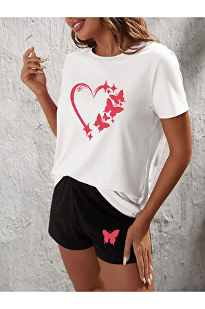 LUNAVISTA Kelebekli Kalp Baskılı Oversize Şort Tişört takımı