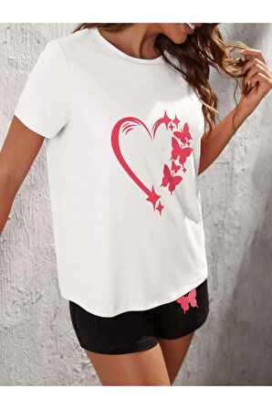 LUNAVISTA Kelebekli Kalp Baskılı Oversize Şort Tişört takımı