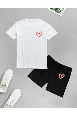 TRENDY NOW Unisex Kırmızı Kalp Baskılı Şort-T-shirt takımı