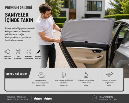 Mercedes W205 Kasa C-Serisi  Model Uyumlu Güneşlik, 2'li Yan Cam Güneşlik Perde ( lastikli ) (sedan ve hatchback)
