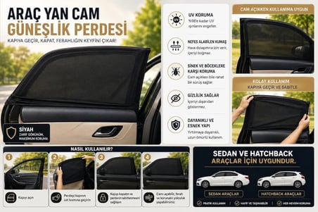 Mercedes W205 Kasa C-Serisi  Model Uyumlu Güneşlik, 2'li Yan Cam Güneşlik Perde ( Lastikli ) ( Sedan ve Hatchback )
