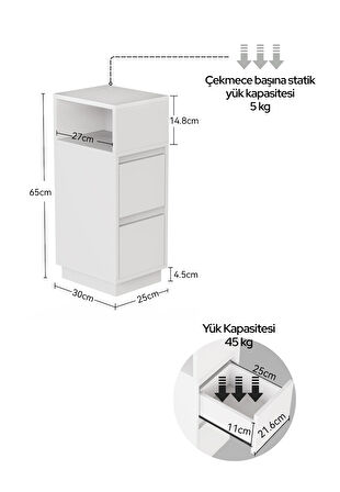 Alve Dar Komodin – 2 Çekmeceli, Değiştirilebilir Açık Bölmeli Yan Sehpa Yatak Odası & Oturma Odası Minimal Tasarım