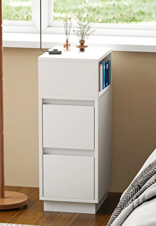 Alve Dar Komodin – 2 Çekmeceli, Değiştirilebilir Açık Bölmeli Yan Sehpa Yatak Odası & Oturma Odası Minimal Tasarım