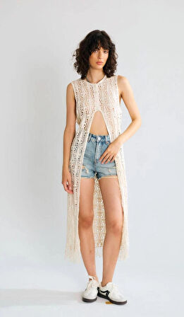 Naturel Dantel Uzun Yelek