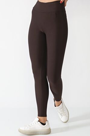 Şardonlu Dalgıç Kumaş Yüksek Bel Kadın Tayt Kahverengi Koyu-L