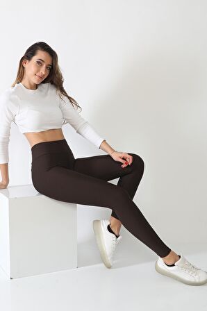 Şardonlu Dalgıç Kumaş Yüksek Bel Kadın Tayt Kahverengi Koyu-L