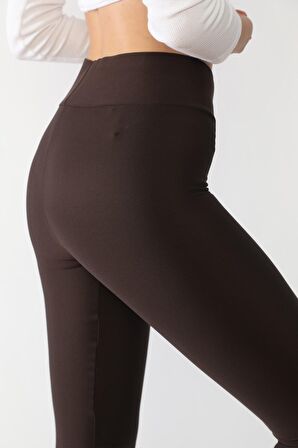 Şardonlu Dalgıç Kumaş Yüksek Bel Kadın Tayt Kahverengi Koyu-L