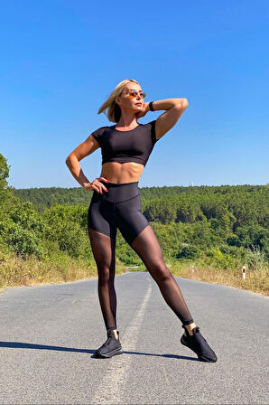 Dar Kesim Ekstra Yüksek Bel Tül Detaylı Siyah Spor Tayt