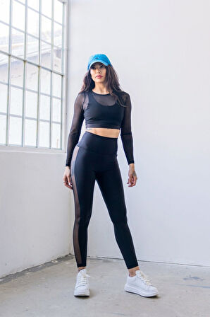 Siyah Yanı Tül Detaylı Spor Tayt 771