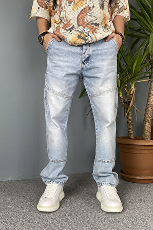 Taşlanmış Tasarım Mavi Regular Kalıp Kot Pantolon