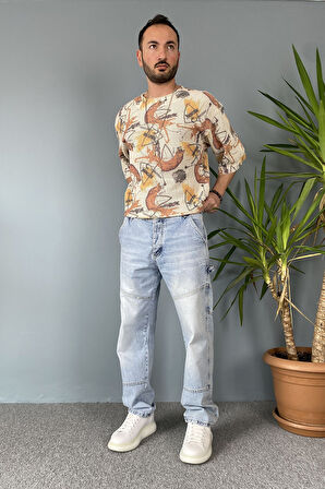 Taşlanmış Tasarım Mavi Regular Kalıp Kot Pantolon