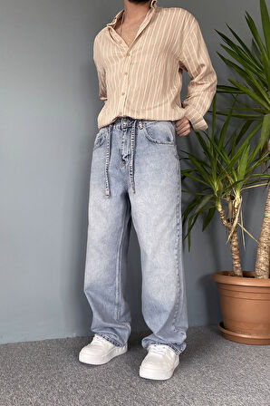 İp Kemerli Rahat Kesim Baggy Kot Pantolon