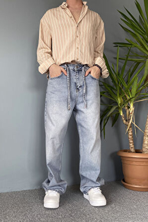 İp Kemerli Rahat Kesim Baggy Kot Pantolon