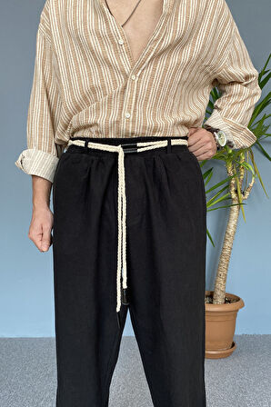 Rahat Kesim Keten Kumaş Bağcıklı Baggy Pantolon
