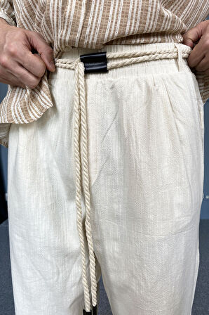 Rahat Kesim Keten Kumaş Bağcıklı Baggy Pantolon