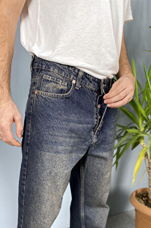 Lacivert Taşlanmış Eskitme Regular Kot Pantolon