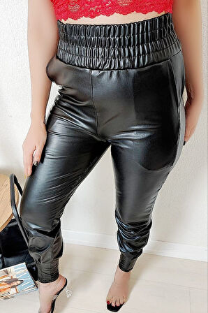 EKSTRA Yüksek Bel Şardonlu Dar Paça Siyah Deri Pantolon