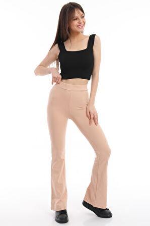 İspanyol Paça Fitilli Yüksek Bel Likralı Ten Rengi Tayt Pantolon