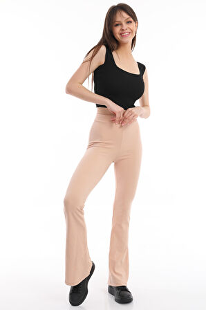 İspanyol Paça Fitilli Yüksek Bel Likralı Ten Rengi Tayt Pantolon