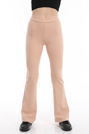 İspanyol Paça Fitilli Yüksek Bel Likralı Ten Rengi Tayt Pantolon