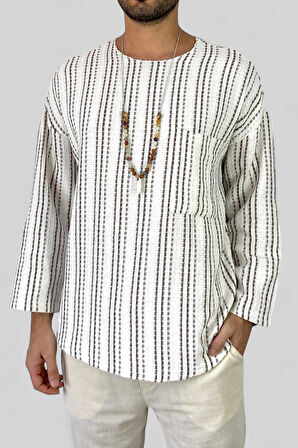 Erkek Keten Tişört Uzunkol Geniş Yaka Oversize