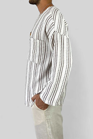 Erkek Keten Tişört Uzunkol Geniş Yaka Oversize