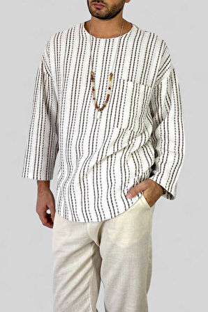 Erkek Keten Tişört Uzunkol Geniş Yaka Oversize