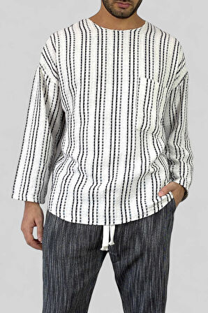 Erkek Keten Tişört Uzunkol Geniş Yaka Oversize