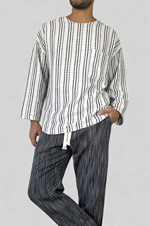 Erkek Keten Tişört Uzunkol Geniş Yaka Oversize