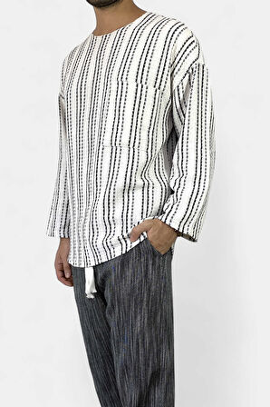 Erkek Keten Tişört Uzunkol Geniş Yaka Oversize