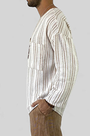 Erkek Keten Tişört Uzunkol Geniş Yaka Oversize