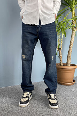 Lacivert Jean - Kot Pantolon Yırtık Detaylı Baggy Kalıp