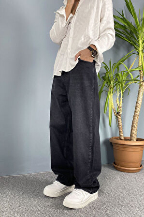 Taşlanmış Baggy Kalıp Jean - Kot Pantolon Siyah-Lacivert