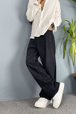 Taşlanmış Baggy Kalıp Jean - Kot Pantolon Siyah-Lacivert