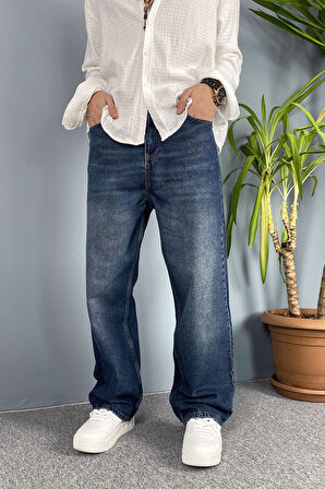 Taşlanmış Baggy Kalıp Jean - Kot Pantolon Siyah-Lacivert